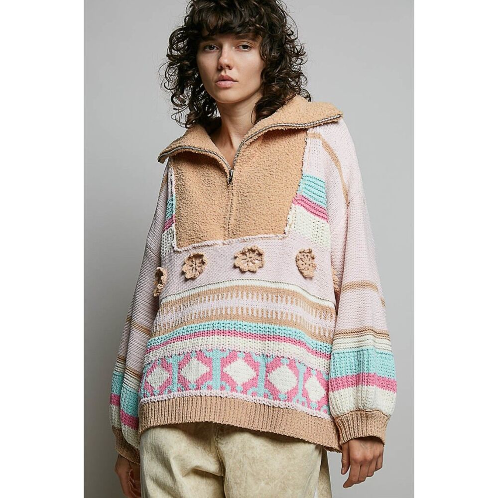 POL High Collar Half Zip Mixed Print Sweater